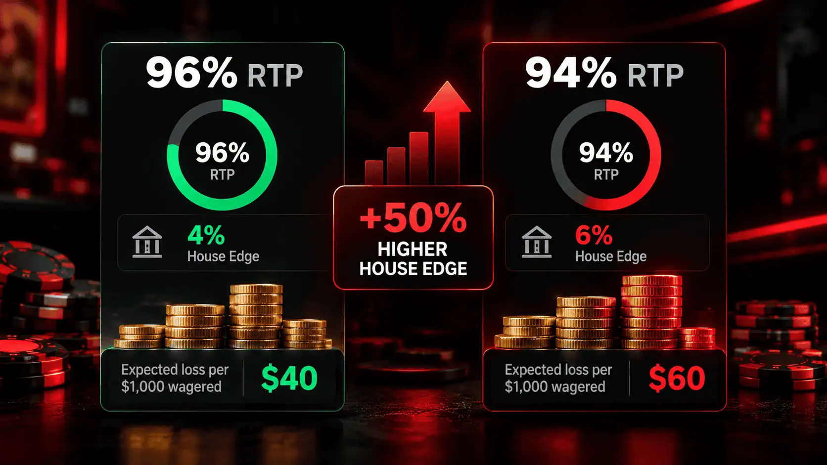 Comparison graphic showing how 96 percent RTP and 94 percent RTP change the house edge and theoretical loss