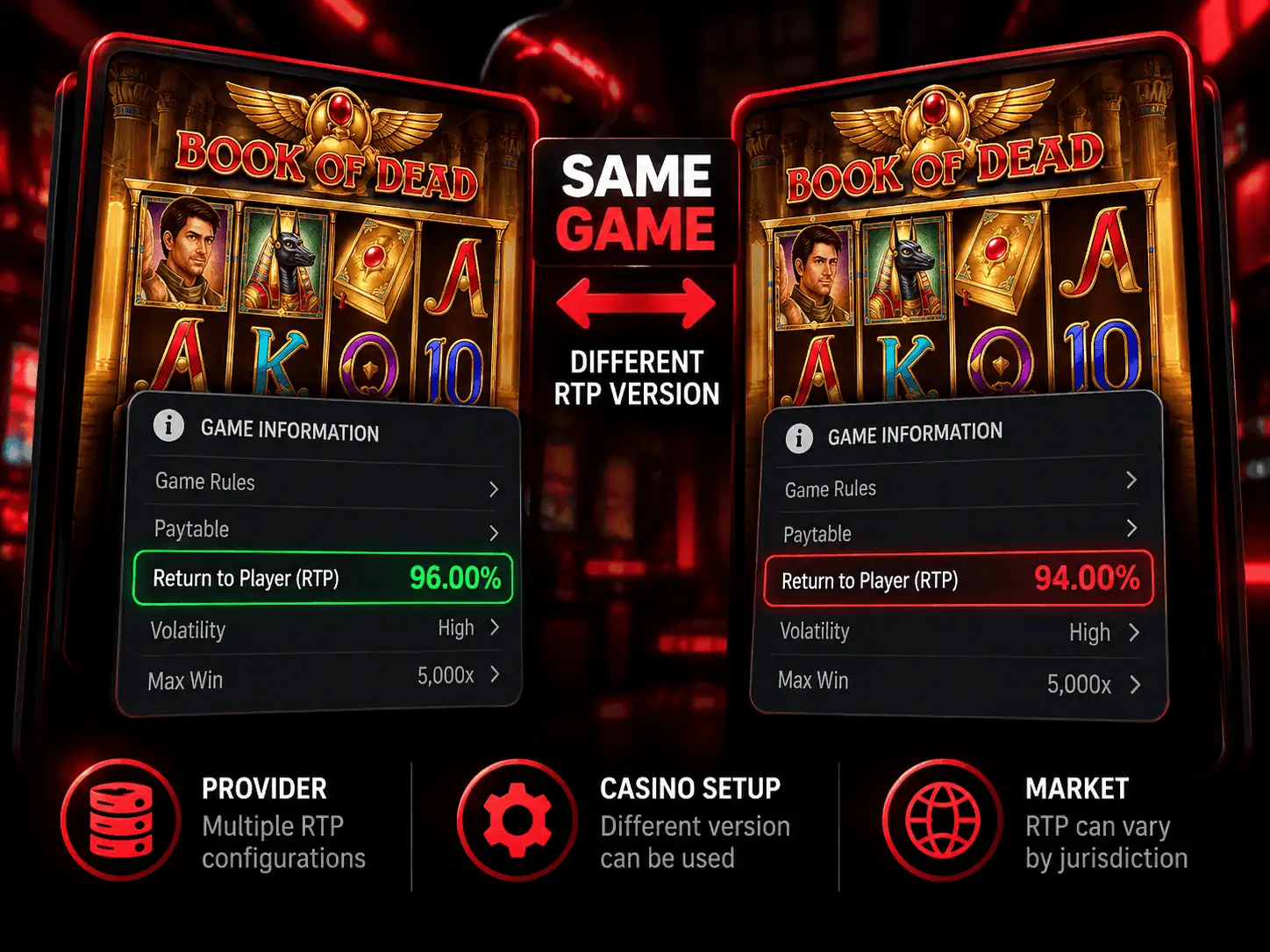Comparison graphic showing the same slot with two different RTP versions, 96 percent and 94 percent