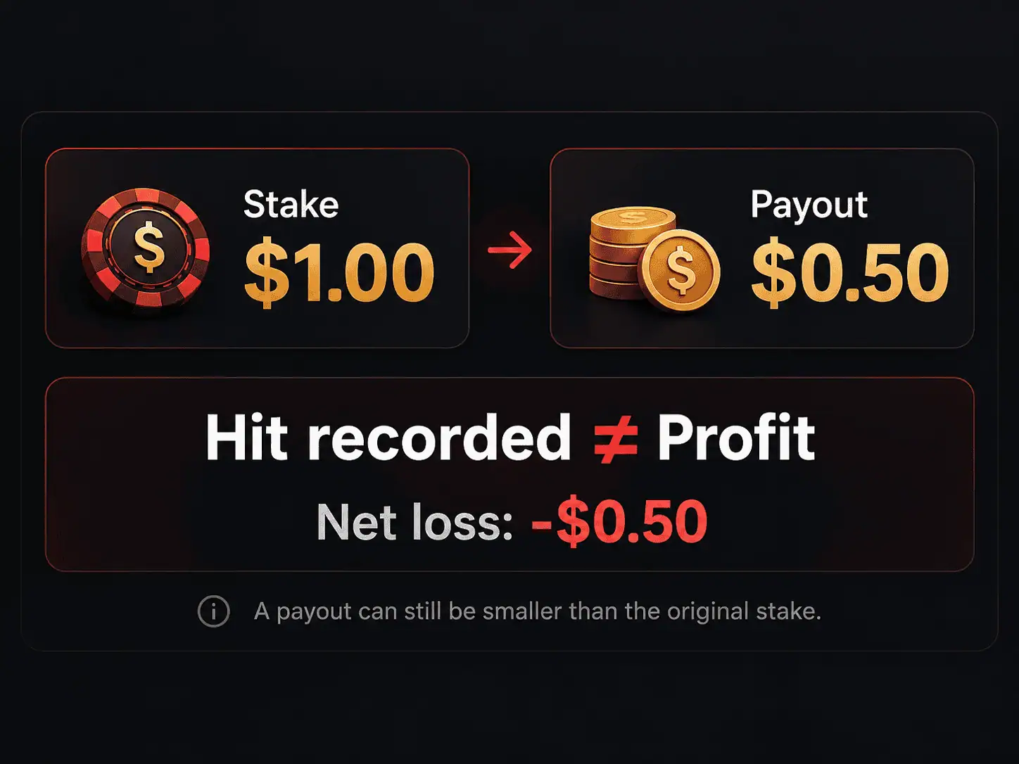 Slot hit frequency example showing a $1 stake, $0.50 payout and $0.50 net loss despite a recorded hit.
