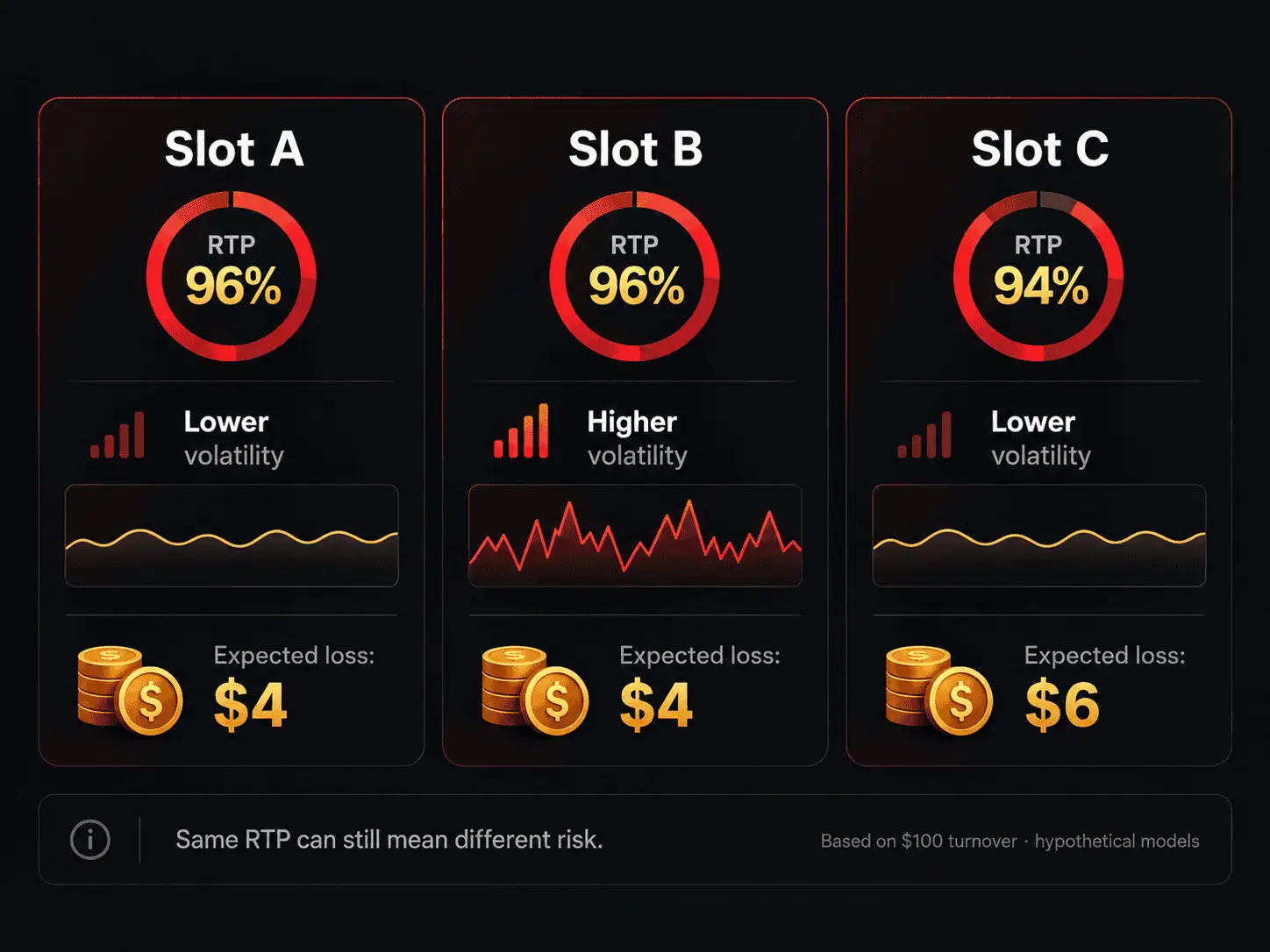 Three slot examples comparing 96% and 94% RTP, lower and higher volatility, and expected losses of $4, $4 and $6.